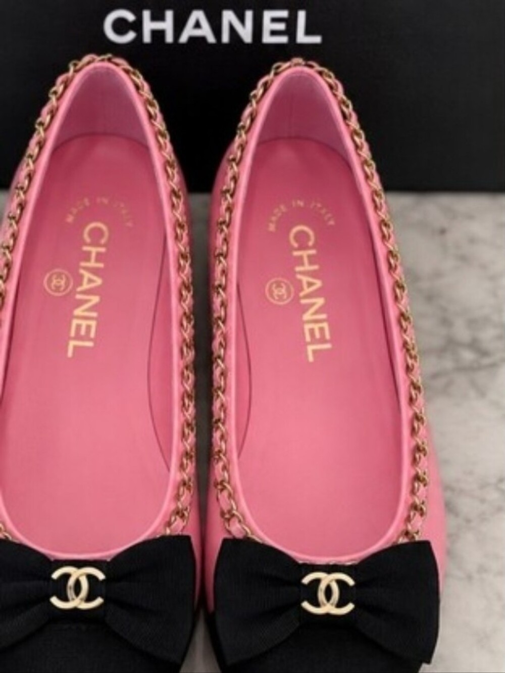 Chanel Pink & Black Bow Cap-Toe Chain Ballet Flats